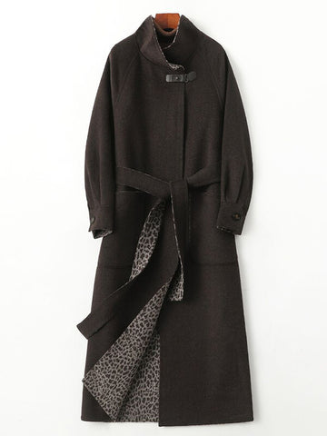 Airchics manteau en laine longue léopard avec poches ceinture col montant femme oversized